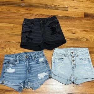 American Eagle Outfitters Black and Light Blue Distressed Jean Shorts Trio